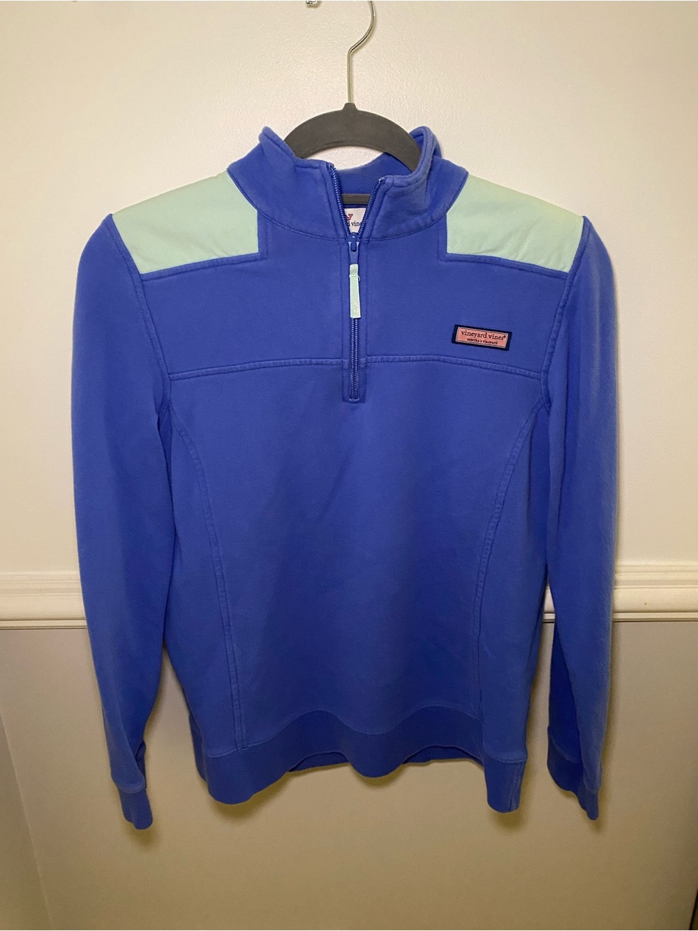 Vineyard Vines Blue Quarter-Zip Shepshirt with Mint Shoulder Panels